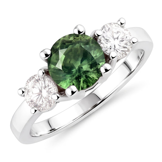 2 Kt Grüner Saphir Diamant Drei Steine Ehering 14K Weißgold