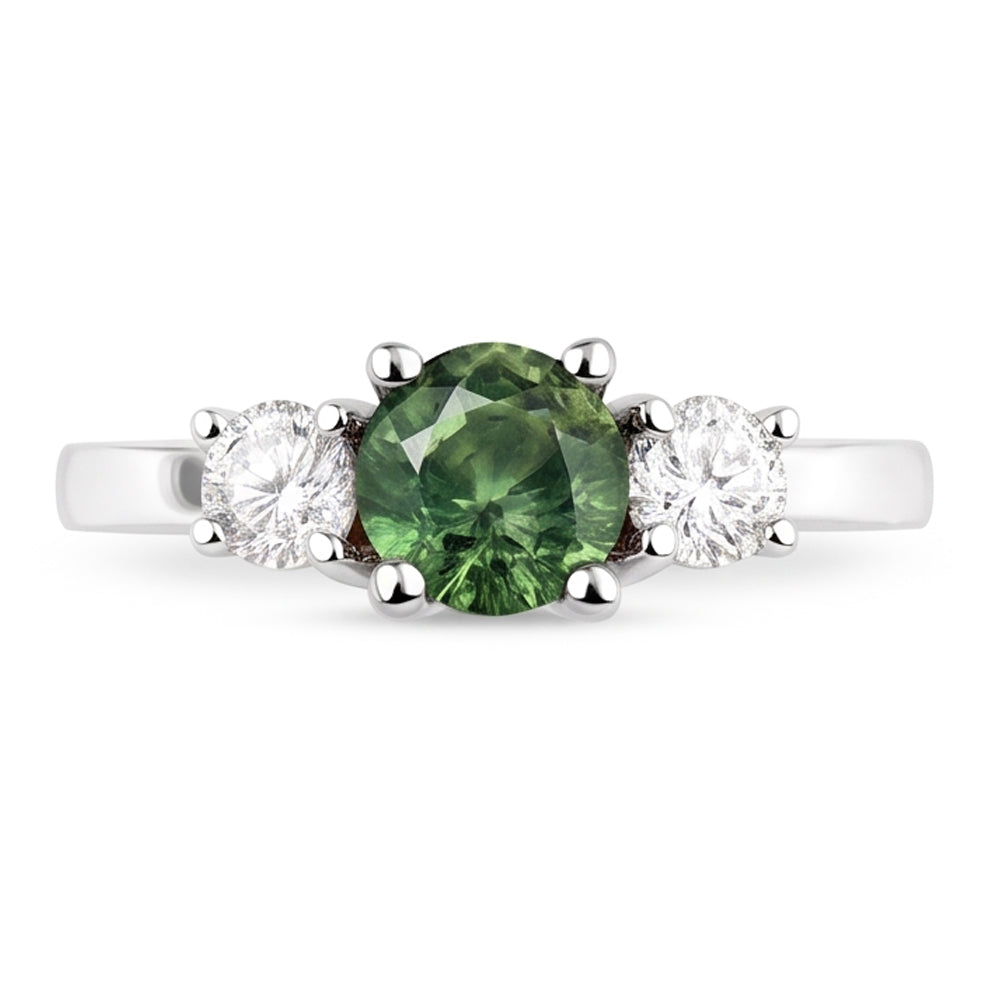 2 Kt Grüner Saphir Diamant Drei Steine Ehering 14K Weißgold