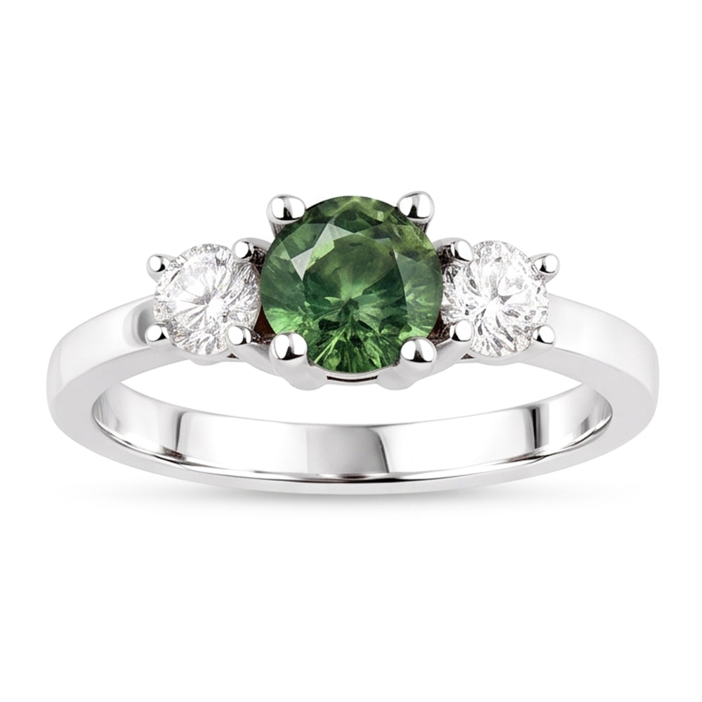 2 Kt Grüner Saphir Diamant Drei Steine Ehering 14K Weißgold