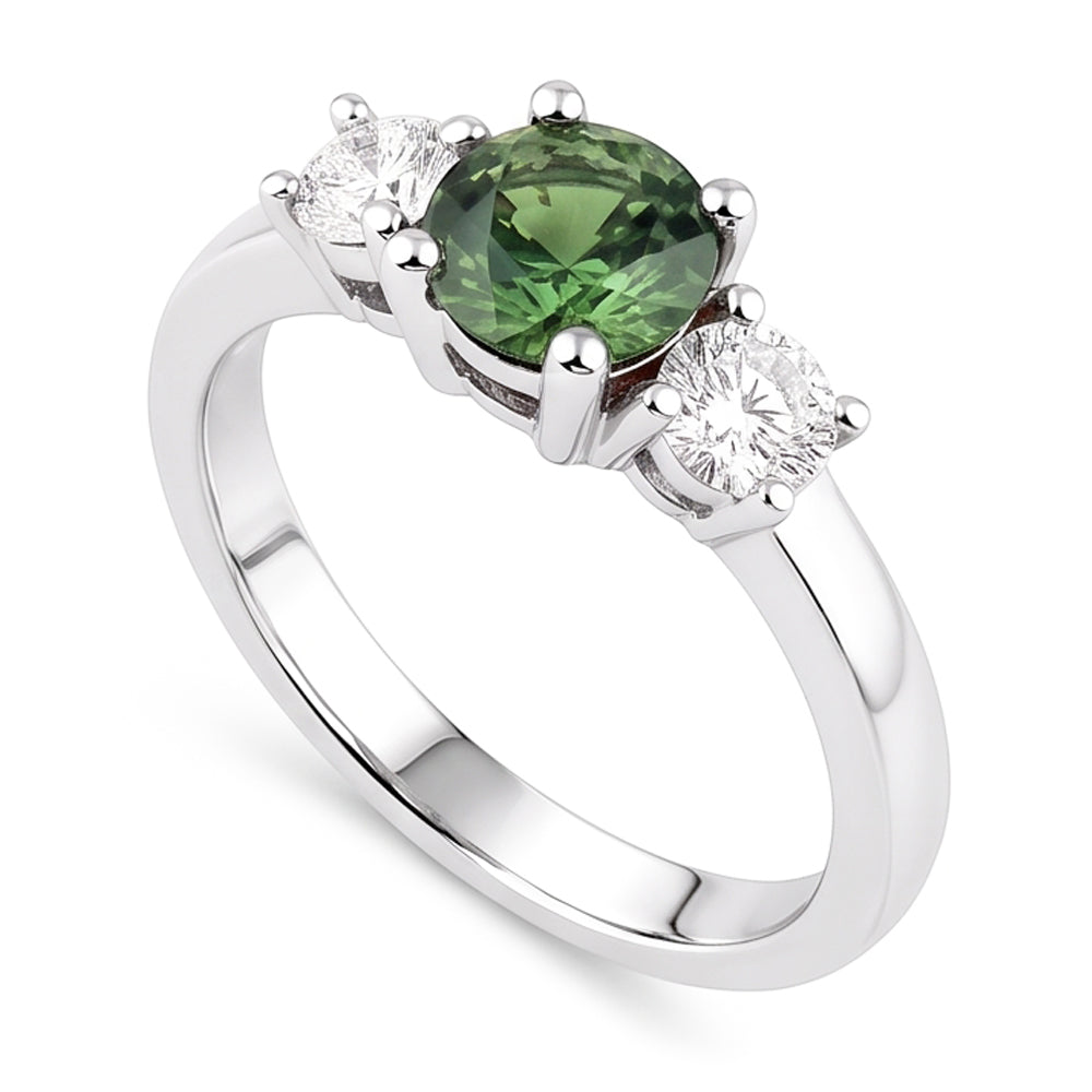 2 Kt Grüner Saphir Diamant Drei Steine Ehering 14K Weißgold
