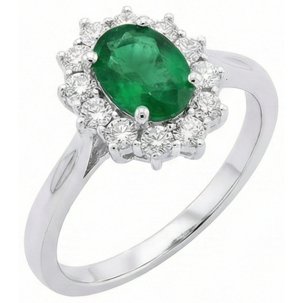 2 Kt Ovaler Ehering Grüner Smaragd Und Diamant Weißgold 14K
