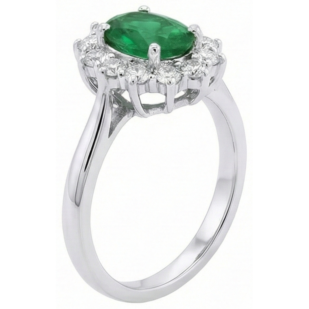 2 Kt Ovaler Ehering Grüner Smaragd Und Diamant Weißgold 14K