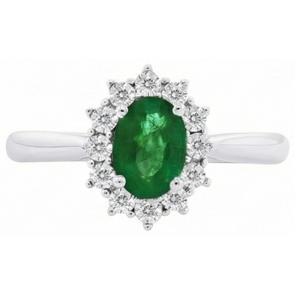 2 Kt Ovaler Ehering Grüner Smaragd Und Diamant Weißgold 14K