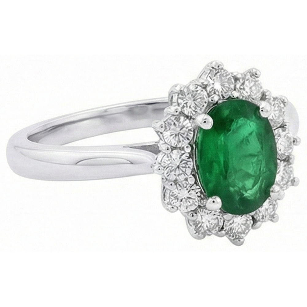 2 Kt Ovaler Ehering Grüner Smaragd Und Diamant Weißgold 14K