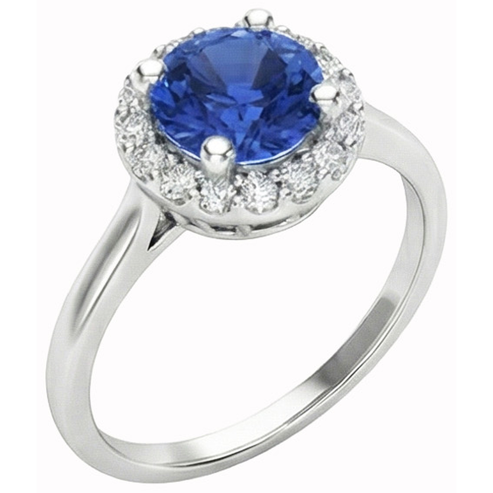 2 Kt. runder Ceylon-Saphir-Halo-Diamantring