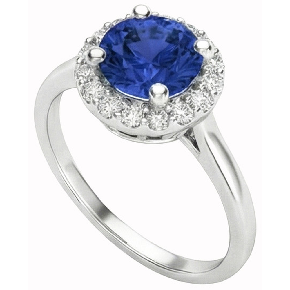 2 Kt. runder Ceylon-Saphir-Halo-Diamantring