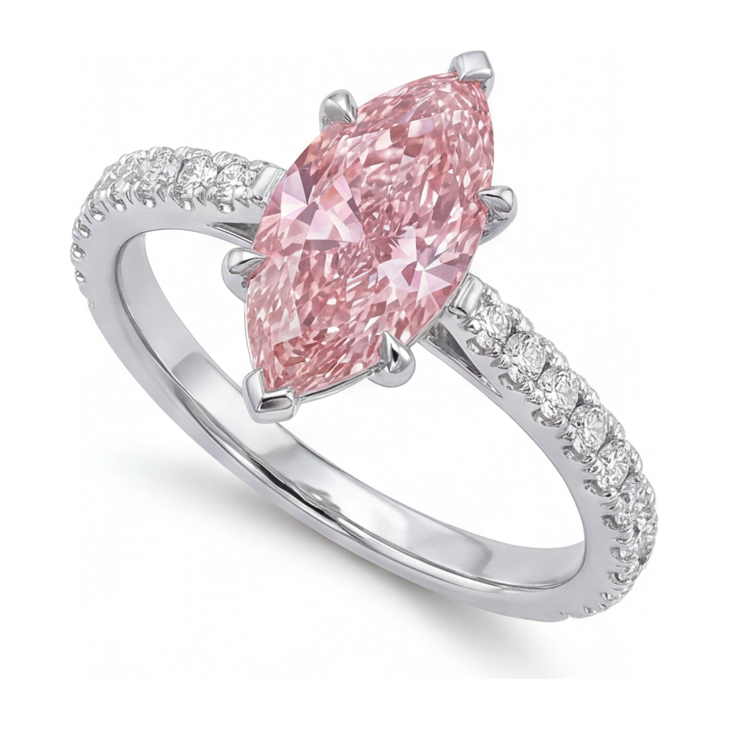 Rosa Diamantring 2 Karat im Labor gezüchtet Marquise Pavé 14 Karat Weißgold