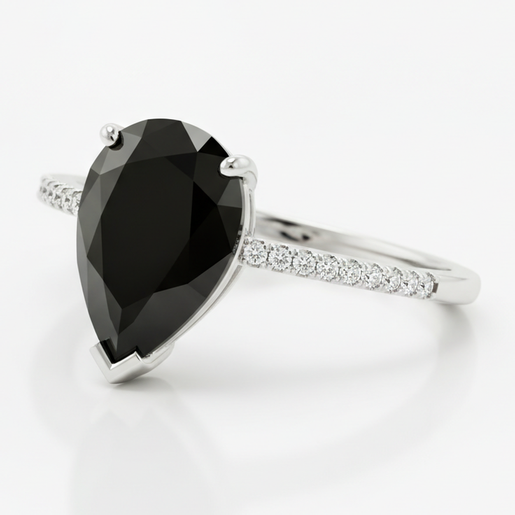 Schwarzer Diamantring 5 Karat Natürlicher Tropfenschliff Pavé-Solitär 14 Karat Weißgold