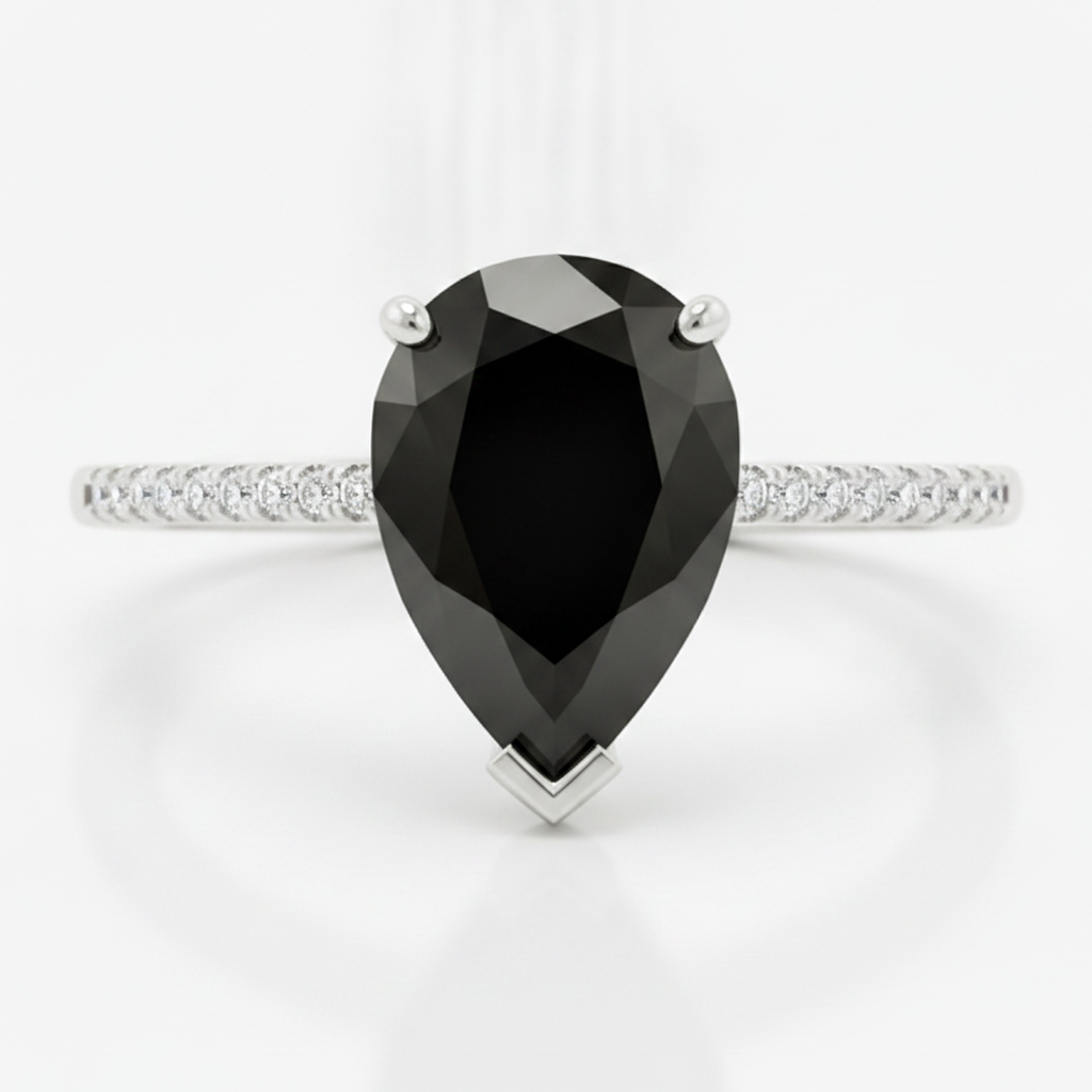 Schwarzer Diamantring 5 Karat Natürlicher Tropfenschliff Pavé-Solitär 14 Karat Weißgold