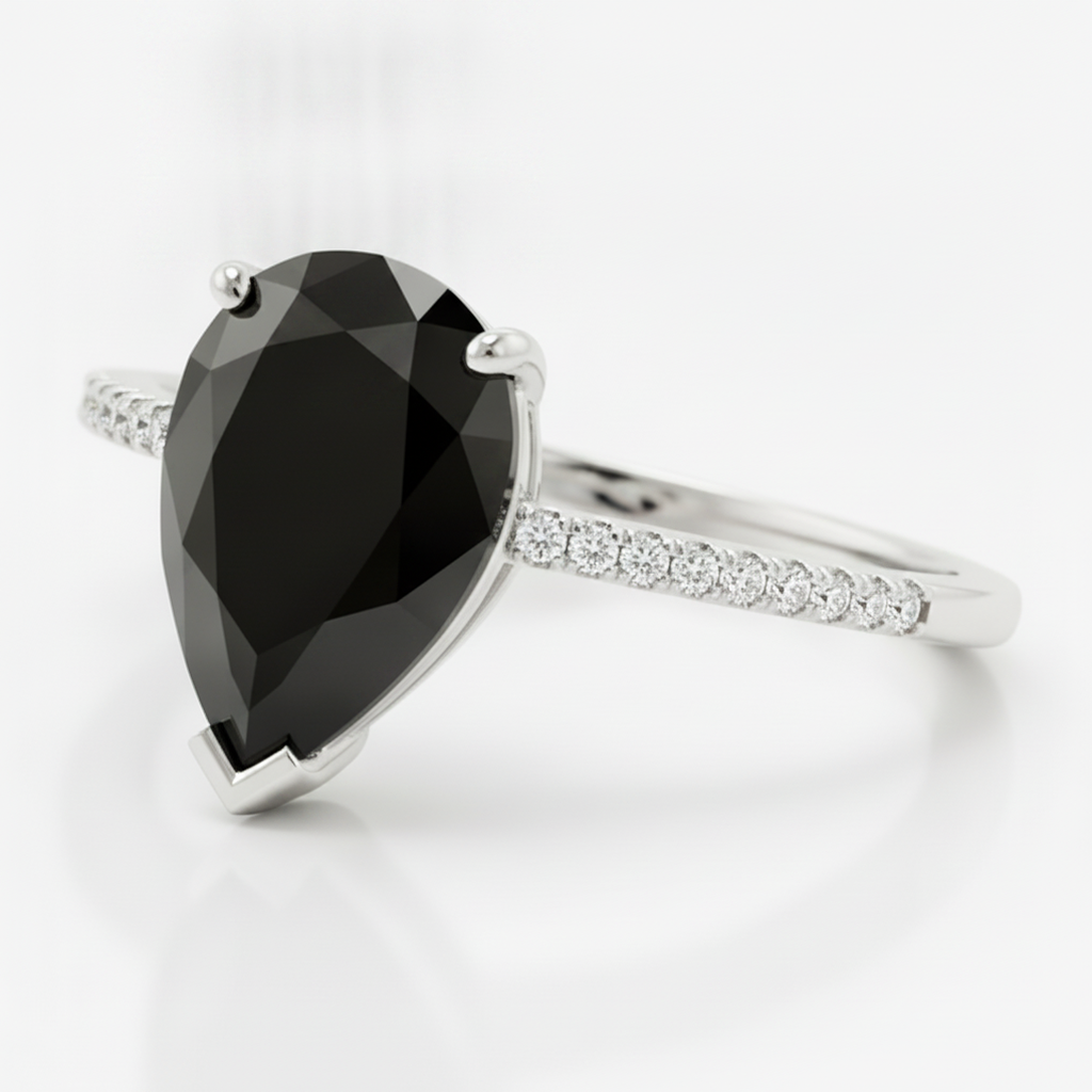 Schwarzer Diamantring 5 Karat Natürlicher Tropfenschliff Pavé-Solitär 14 Karat Weißgold