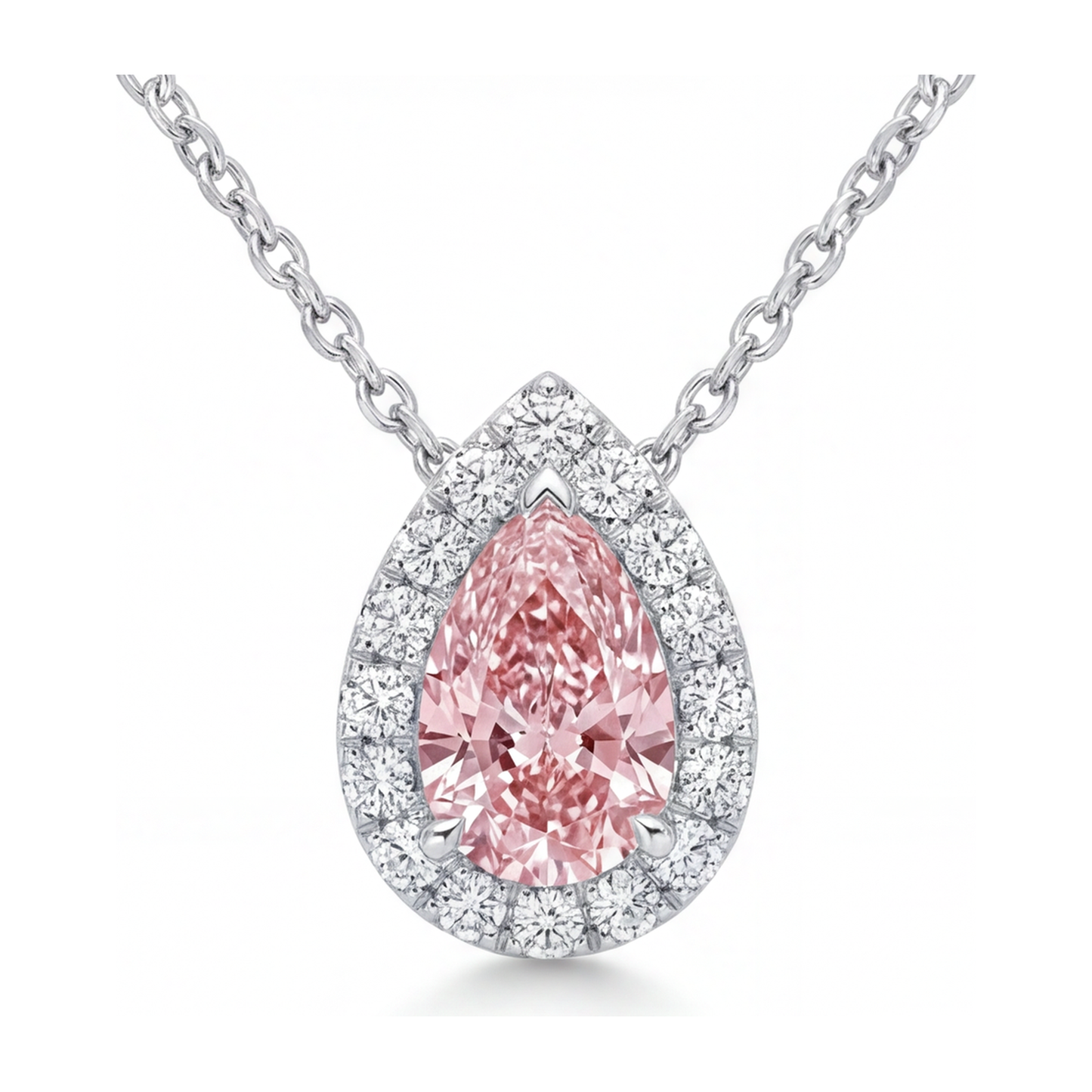 Halskette mit rosa Diamant 2 Karat im Labor gezüchtet Tropfen-Halo-Anhänger 14 Karat Weißgold
