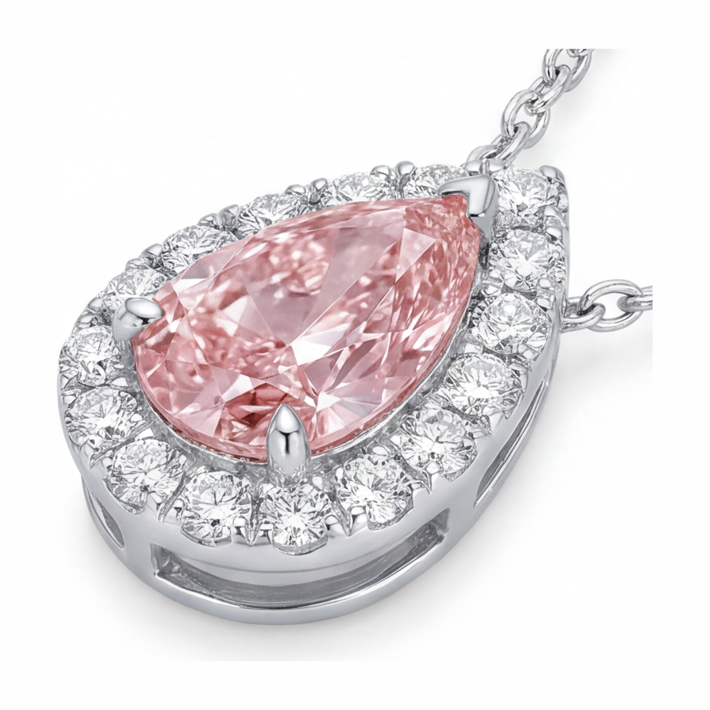 Halskette mit rosa Diamant 2 Karat im Labor gezüchtet Tropfen-Halo-Anhänger 14 Karat Weißgold