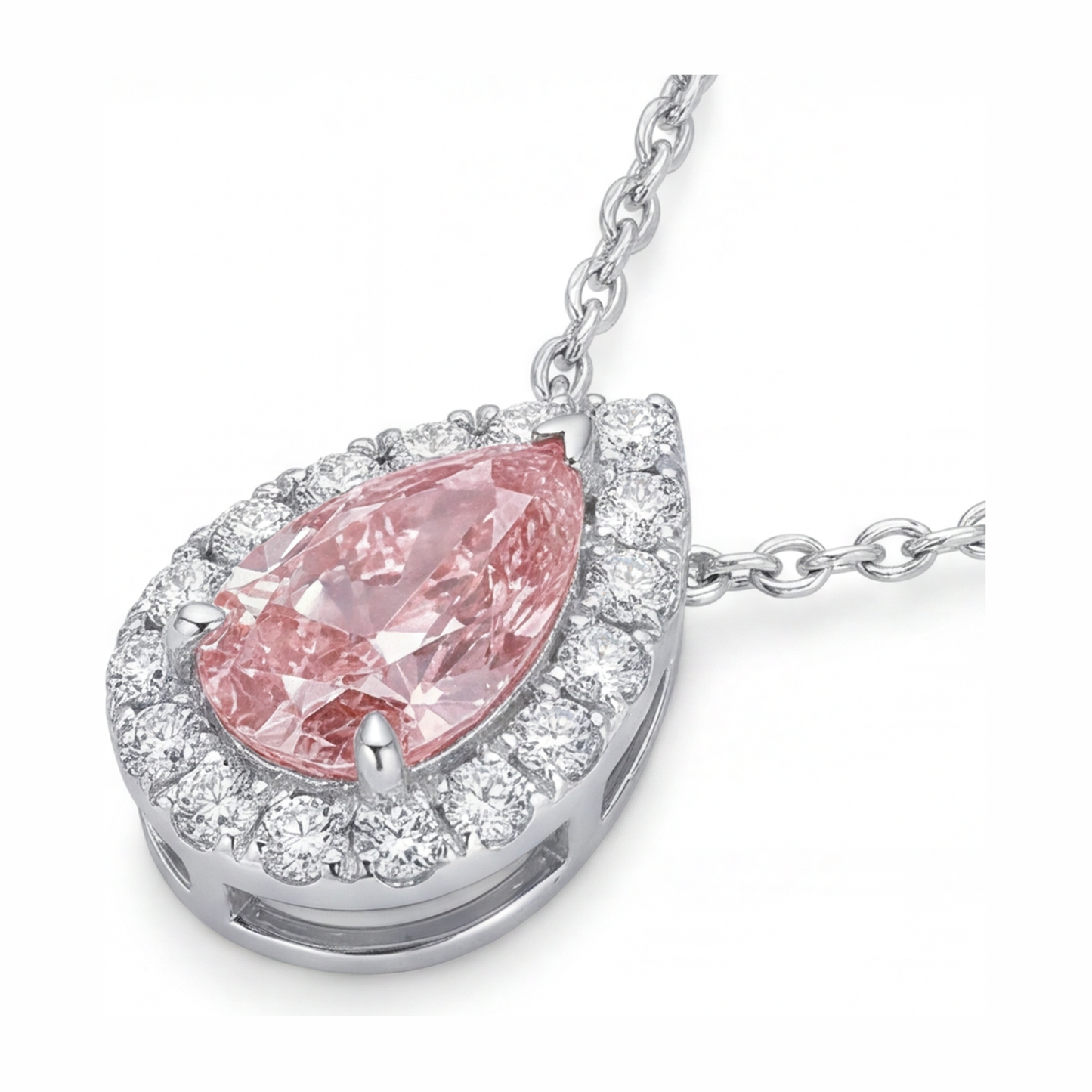 Halskette mit rosa Diamant 2 Karat im Labor gezüchtet Tropfen-Halo-Anhänger 14 Karat Weißgold