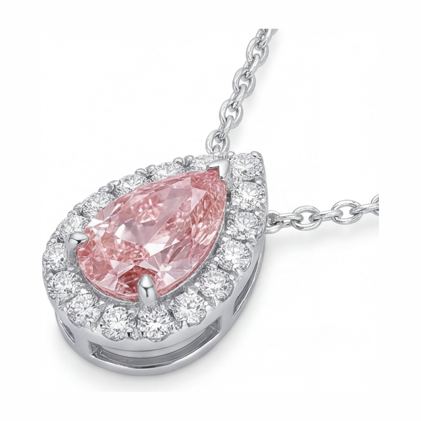 Halskette mit rosa Diamant 2 Karat im Labor gezüchtet Tropfen-Halo-Anhänger 14 Karat Weißgold