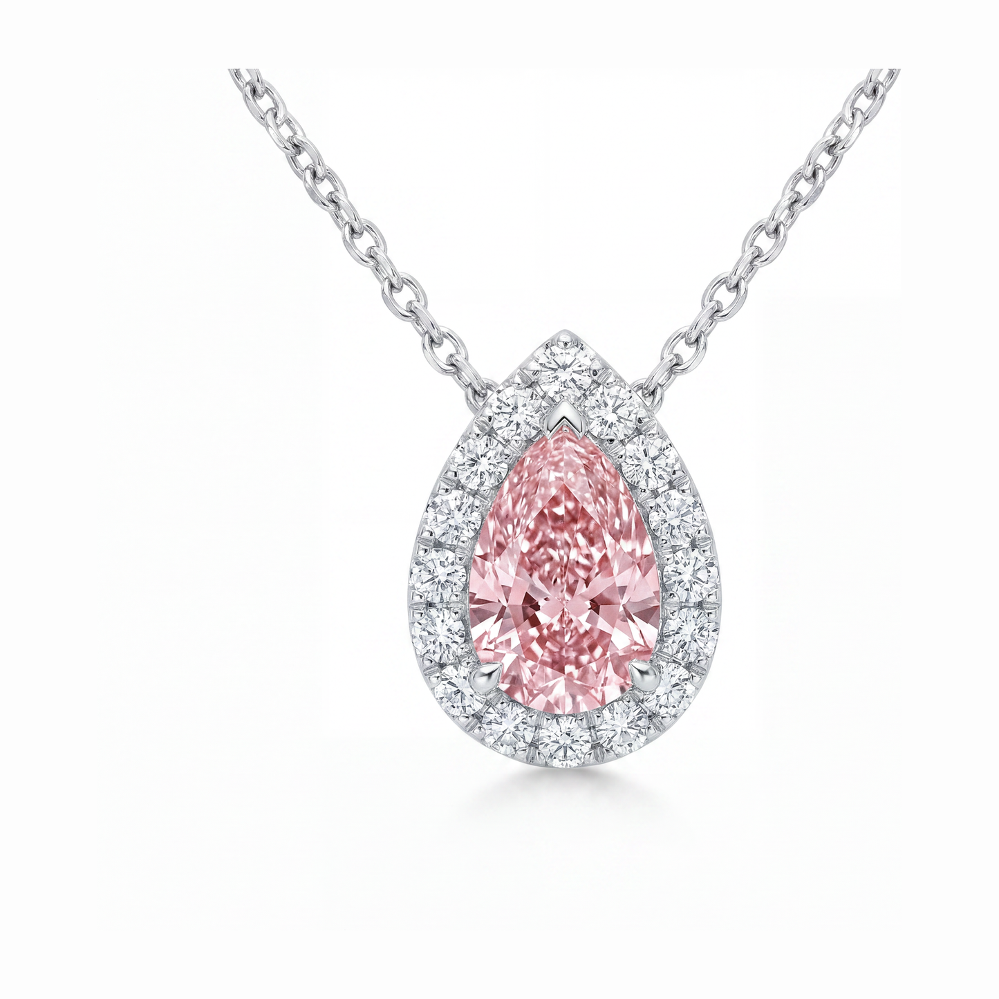 Halskette mit rosa Diamant 2 Karat im Labor gezüchtet Tropfen-Halo-Anhänger 14 Karat Weißgold