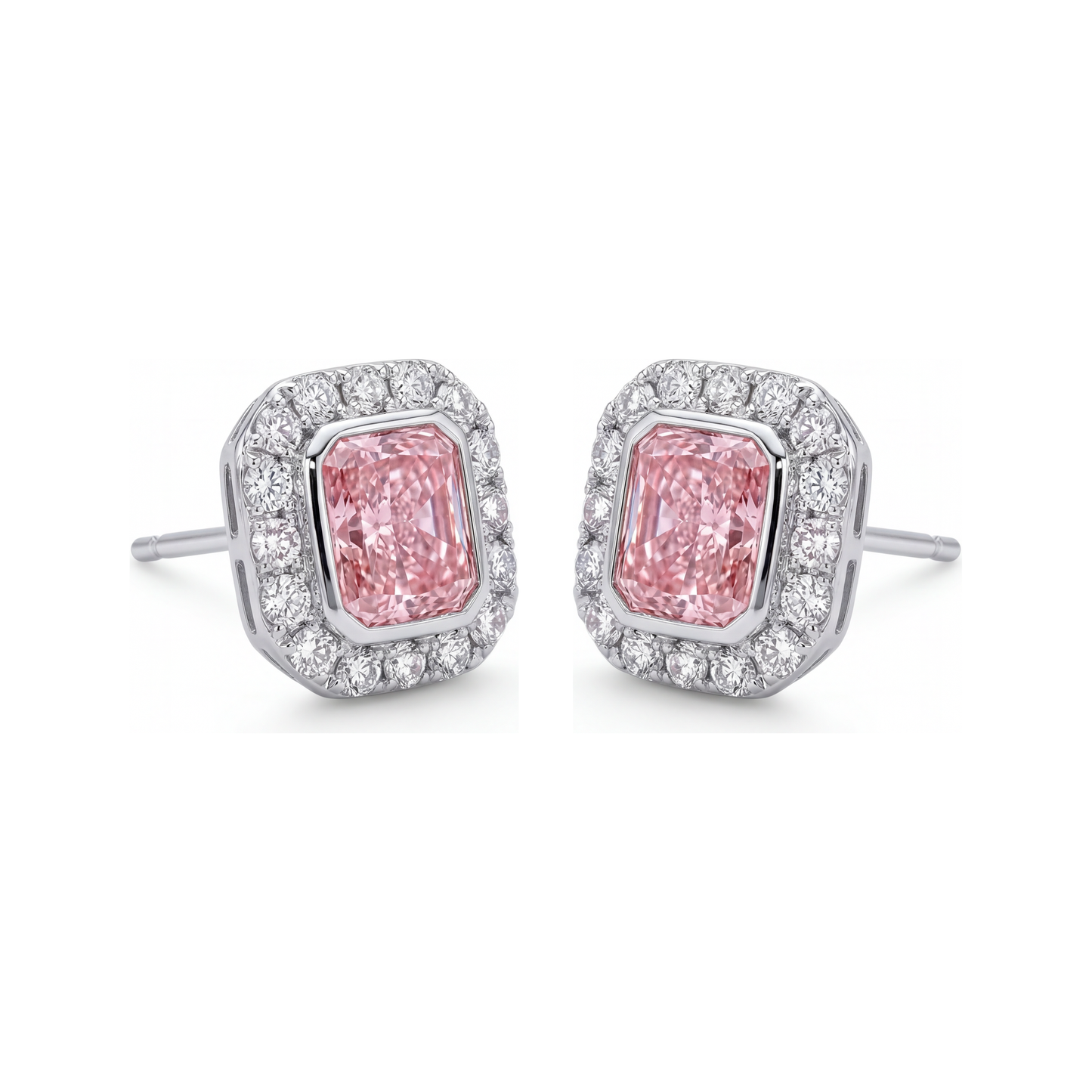 Rosa Diamant-Ohrringe 2 Karat im Labor gezüchtet Radiant-Schliff Halo 14 Karat Weißgold