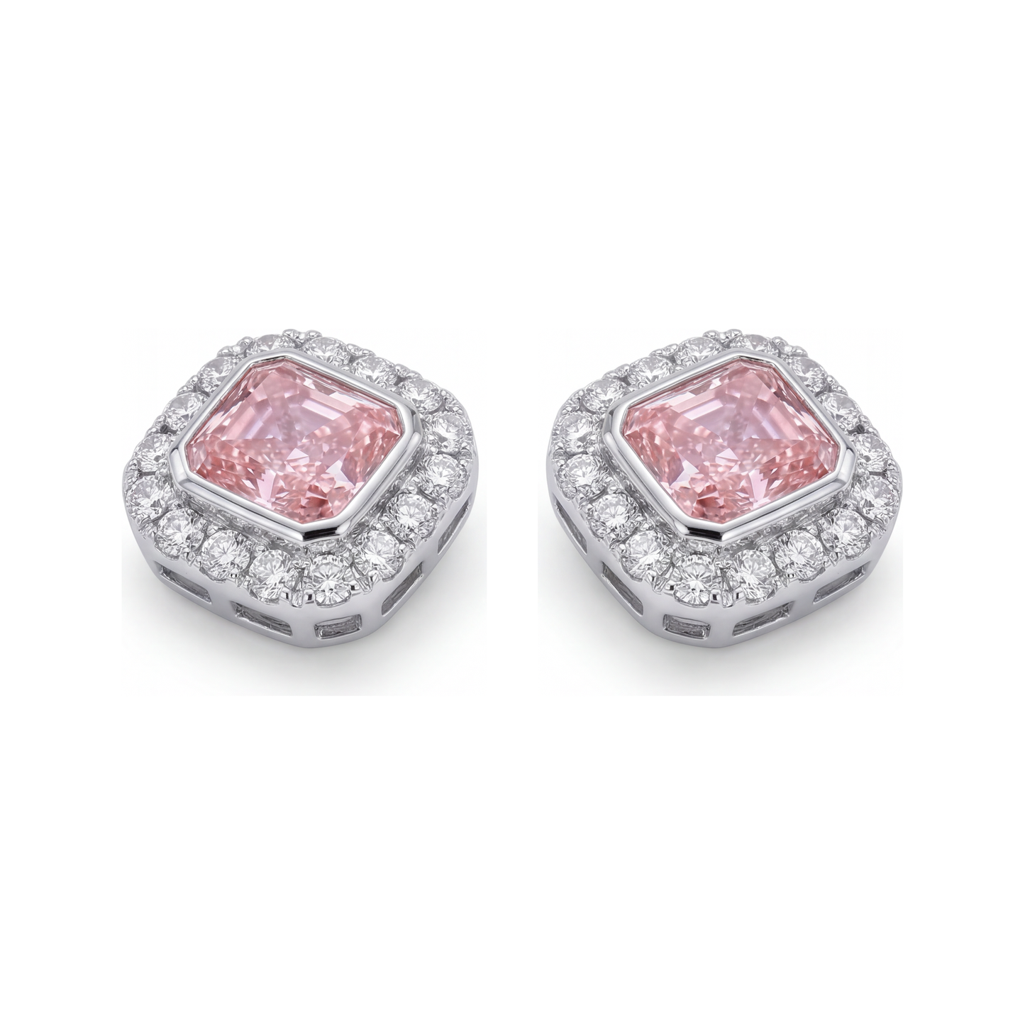 Rosa Diamant-Ohrringe 2 Karat im Labor gezüchtet Radiant-Schliff Halo 14 Karat Weißgold