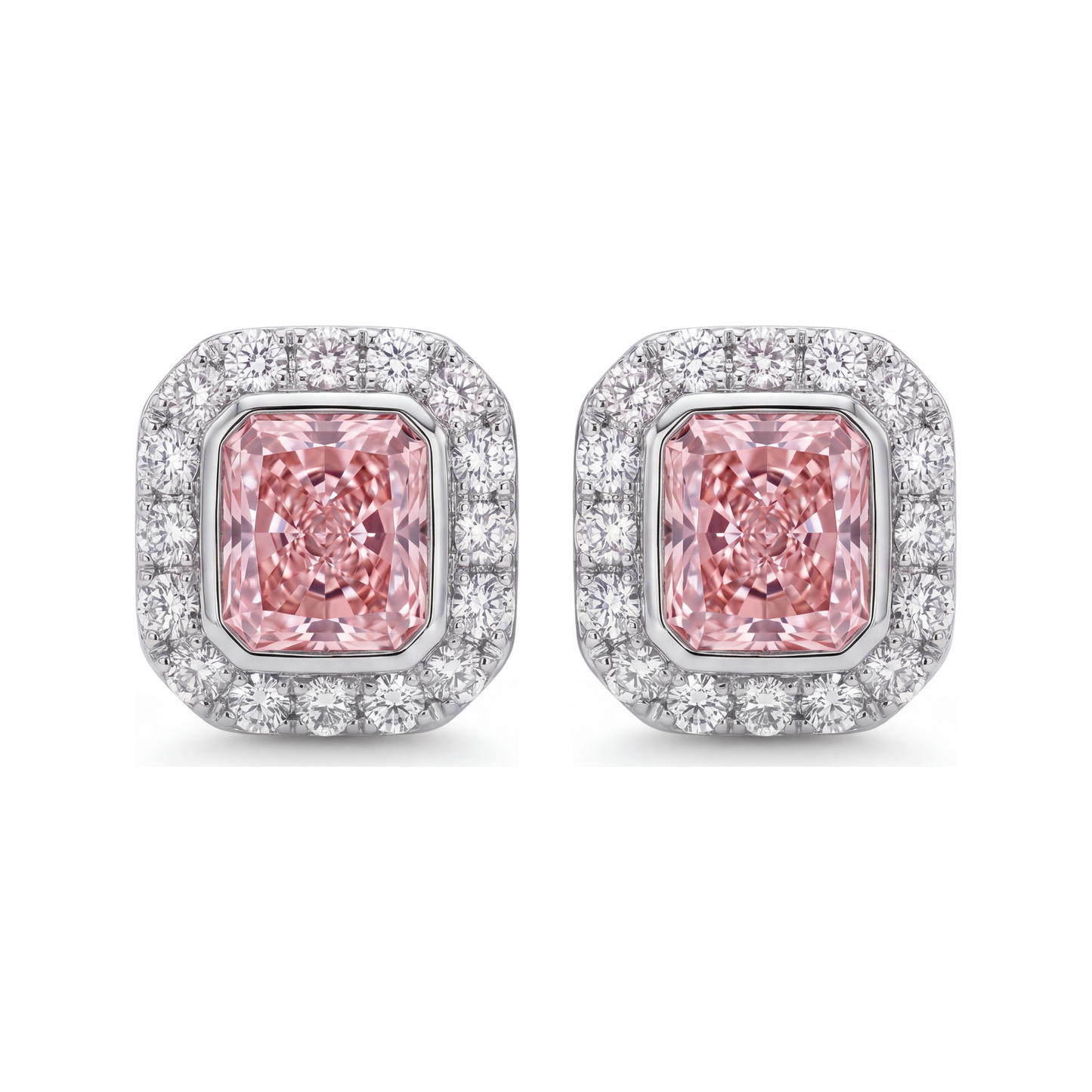 Rosa Diamant-Ohrringe 2 Karat im Labor gezüchtet Radiant-Schliff Halo 14 Karat Weißgold