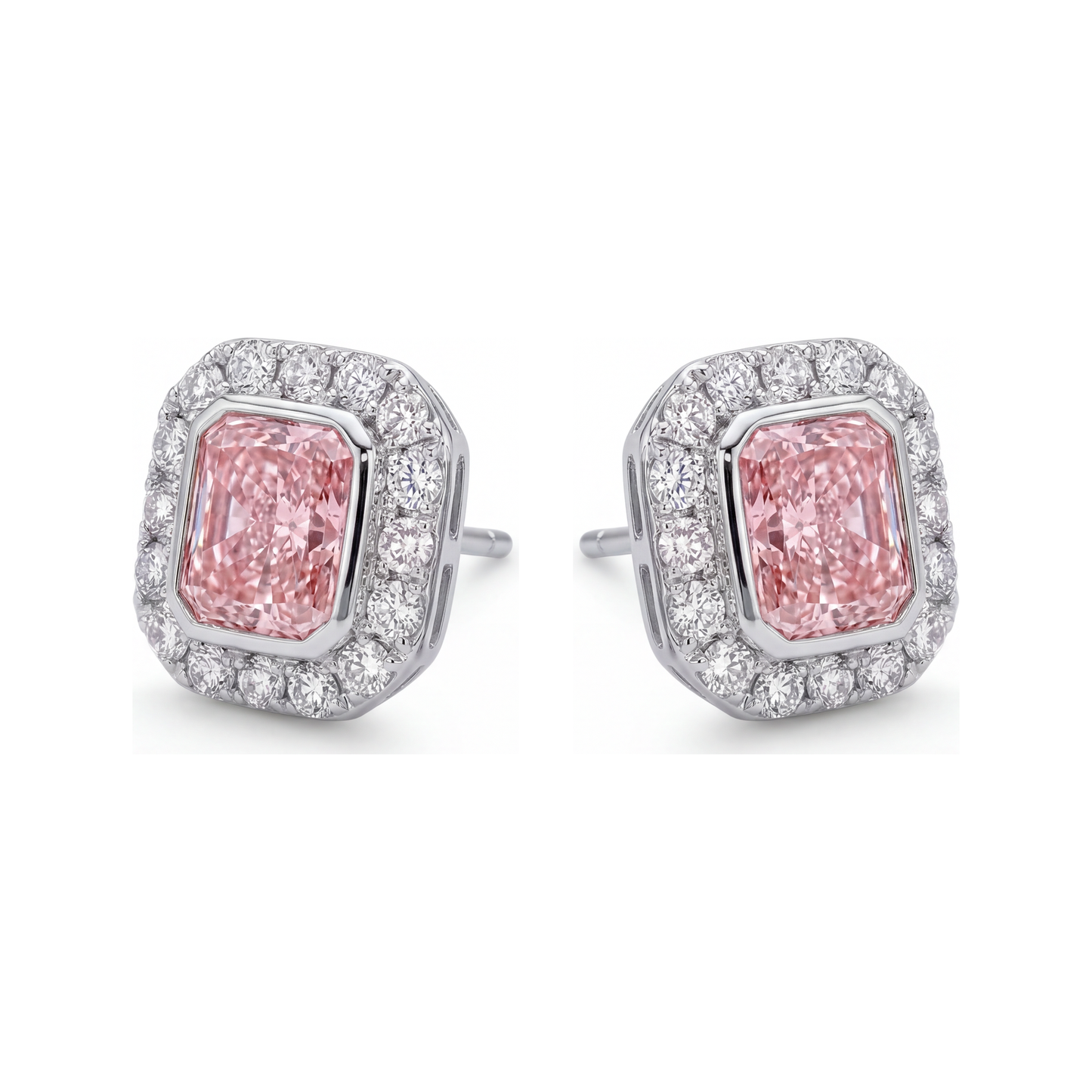 Rosa Diamant-Ohrringe 2 Karat im Labor gezüchtet Radiant-Schliff Halo 14 Karat Weißgold