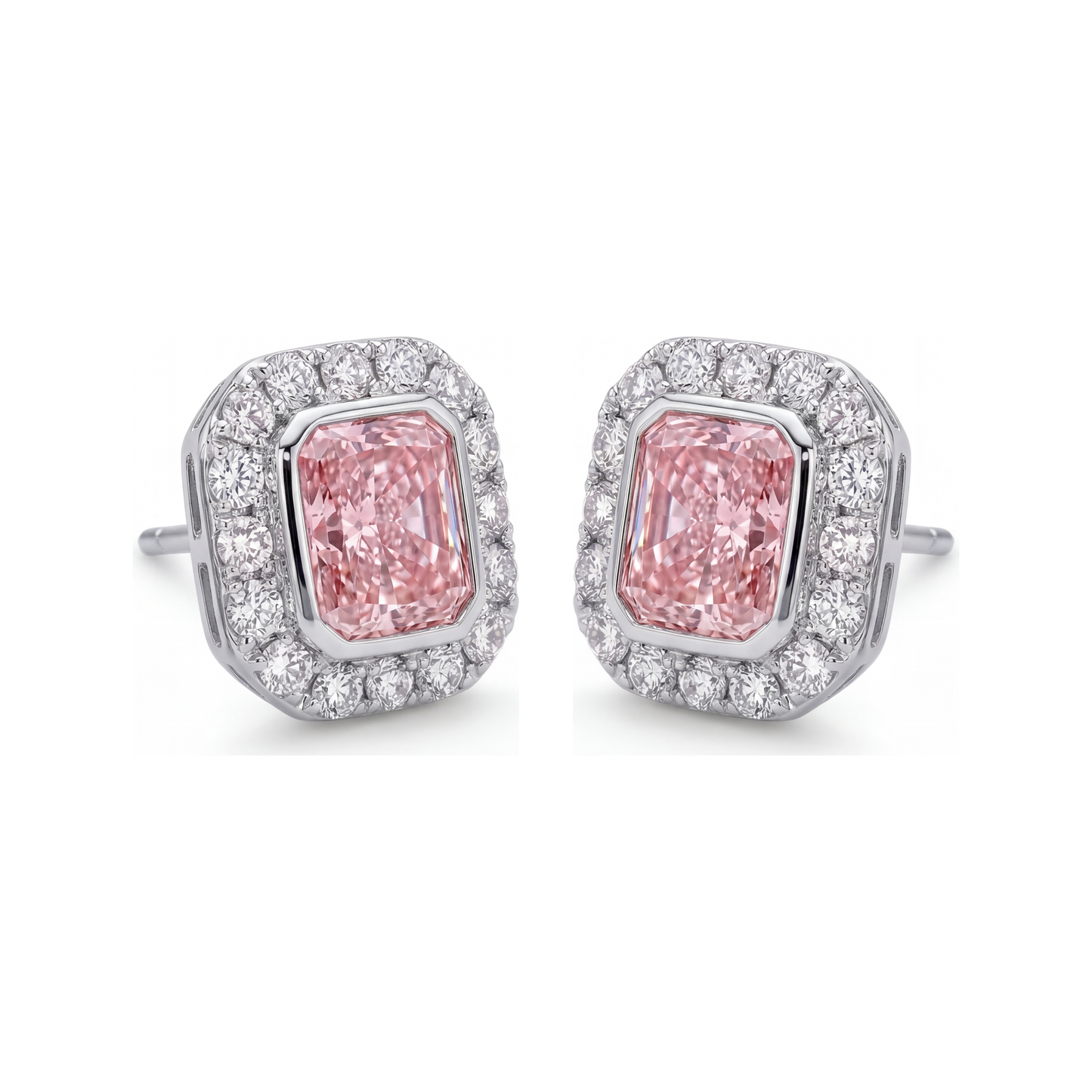 Rosa Diamant-Ohrringe 2 Karat im Labor gezüchtet Radiant-Schliff Halo 14 Karat Weißgold