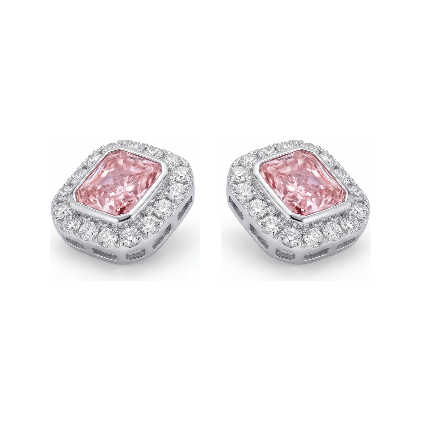 Rosa Diamant-Ohrringe 2 Karat im Labor gezüchtet Radiant-Schliff Halo 14 Karat Weißgold