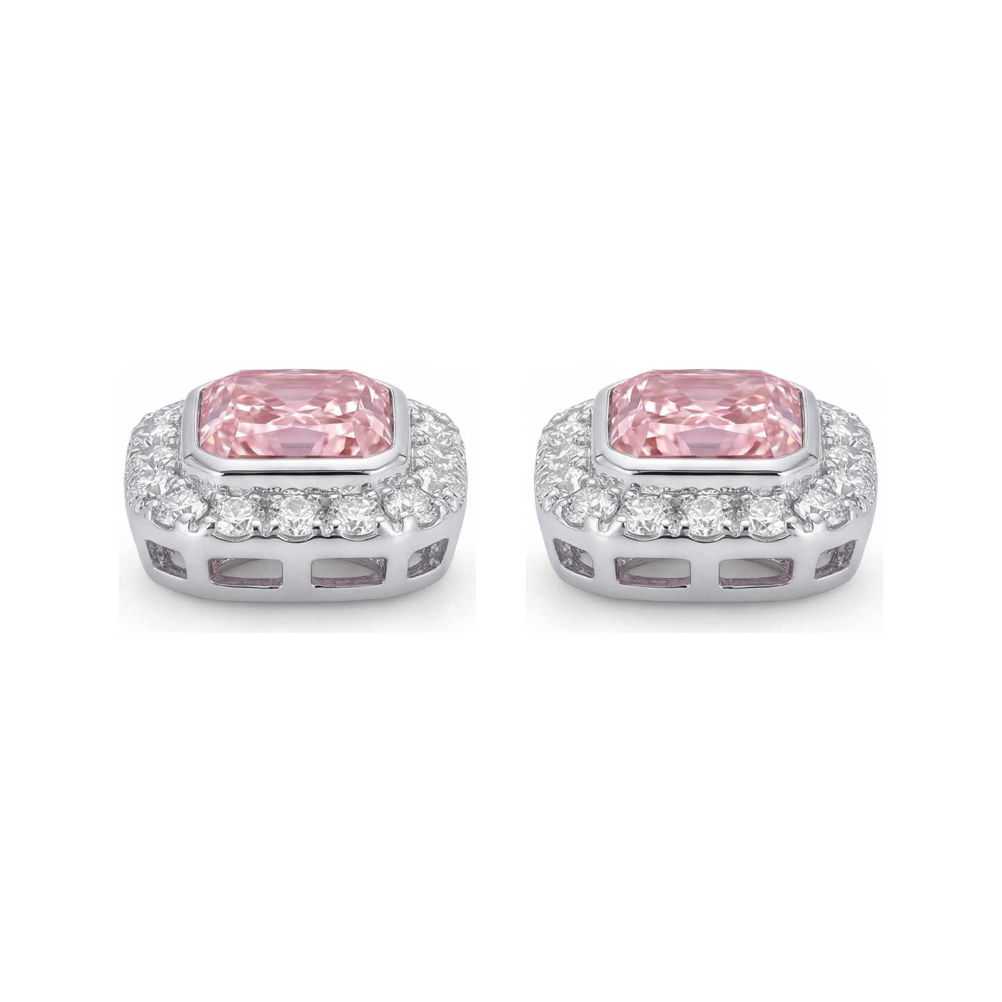 Rosa Diamant-Ohrringe 2 Karat im Labor gezüchtet Radiant-Schliff Halo 14 Karat Weißgold