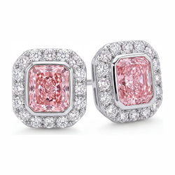 Rosa Diamant-Ohrringe 2 Karat im Labor gezüchtet Radiant-Schliff Halo 14 Karat Weißgold