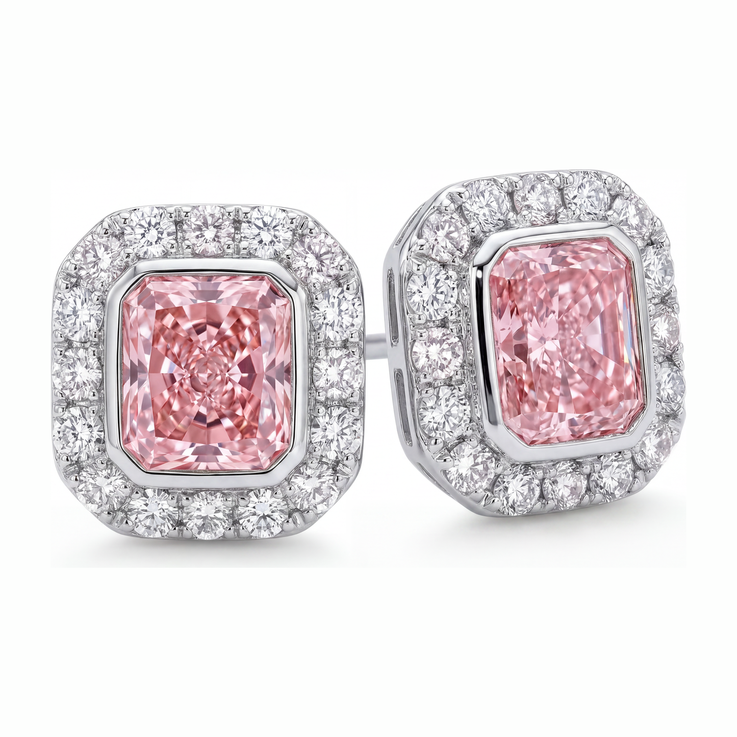 Rosa Diamant-Ohrringe 2 Karat im Labor gezüchtet Radiant-Schliff Halo 14 Karat Weißgold
