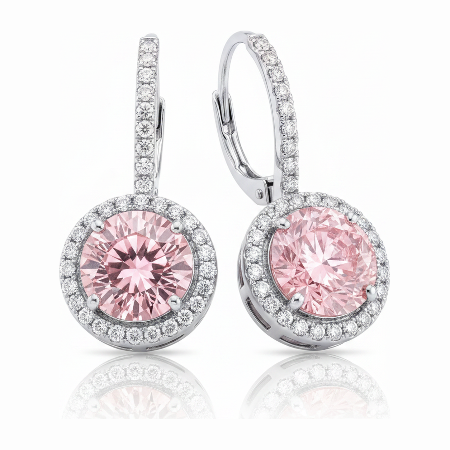 Rosa Diamant Ohrringe 2 Karat im Labor gezüchtet Rund Halo 14 Karat Weißgold