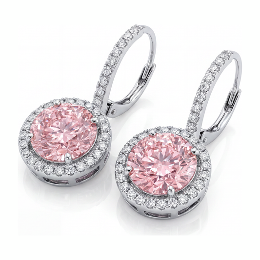 Rosa Diamant Ohrringe 2 Karat im Labor gezüchtet Rund Halo 14 Karat Weißgold