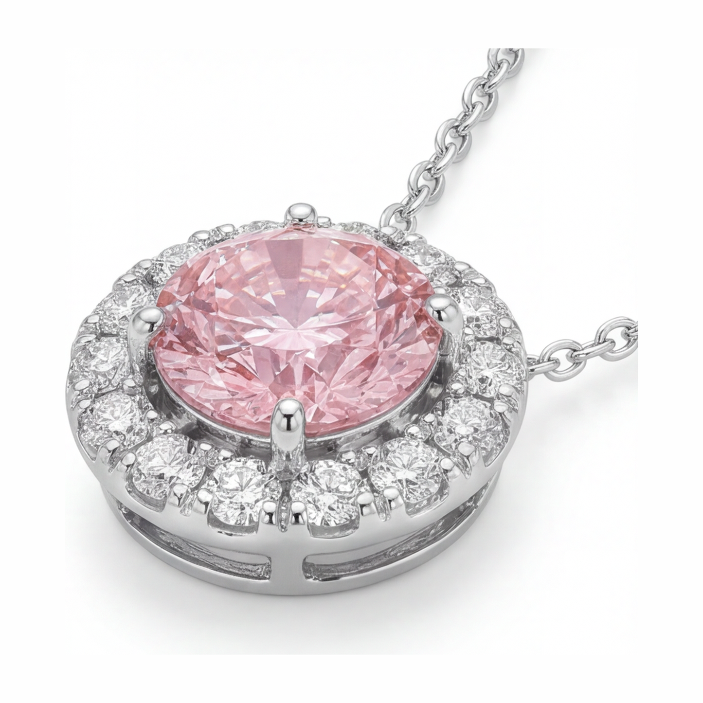Rosa Diamant-Halskette, 2 Karat, im Labor gezüchtet, runder Halo-Anhänger, 14 Karat Weißgold