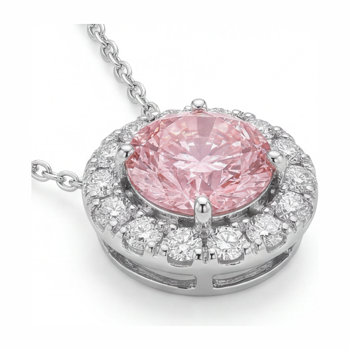 Rosa Diamant-Halskette, 2 Karat, im Labor gezüchtet, runder Halo-Anhänger, 14 Karat Weißgold