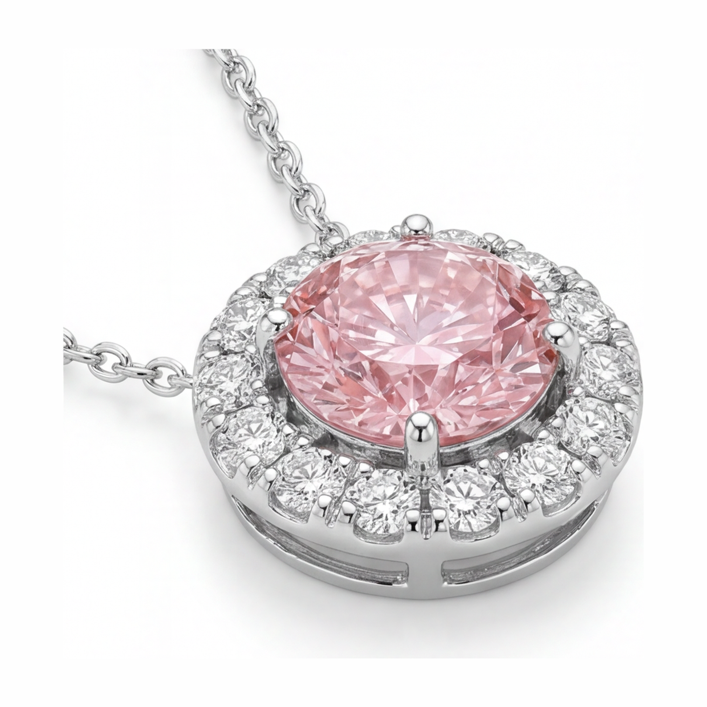 Rosa Diamant-Halskette, 2 Karat, im Labor gezüchtet, runder Halo-Anhänger, 14 Karat Weißgold