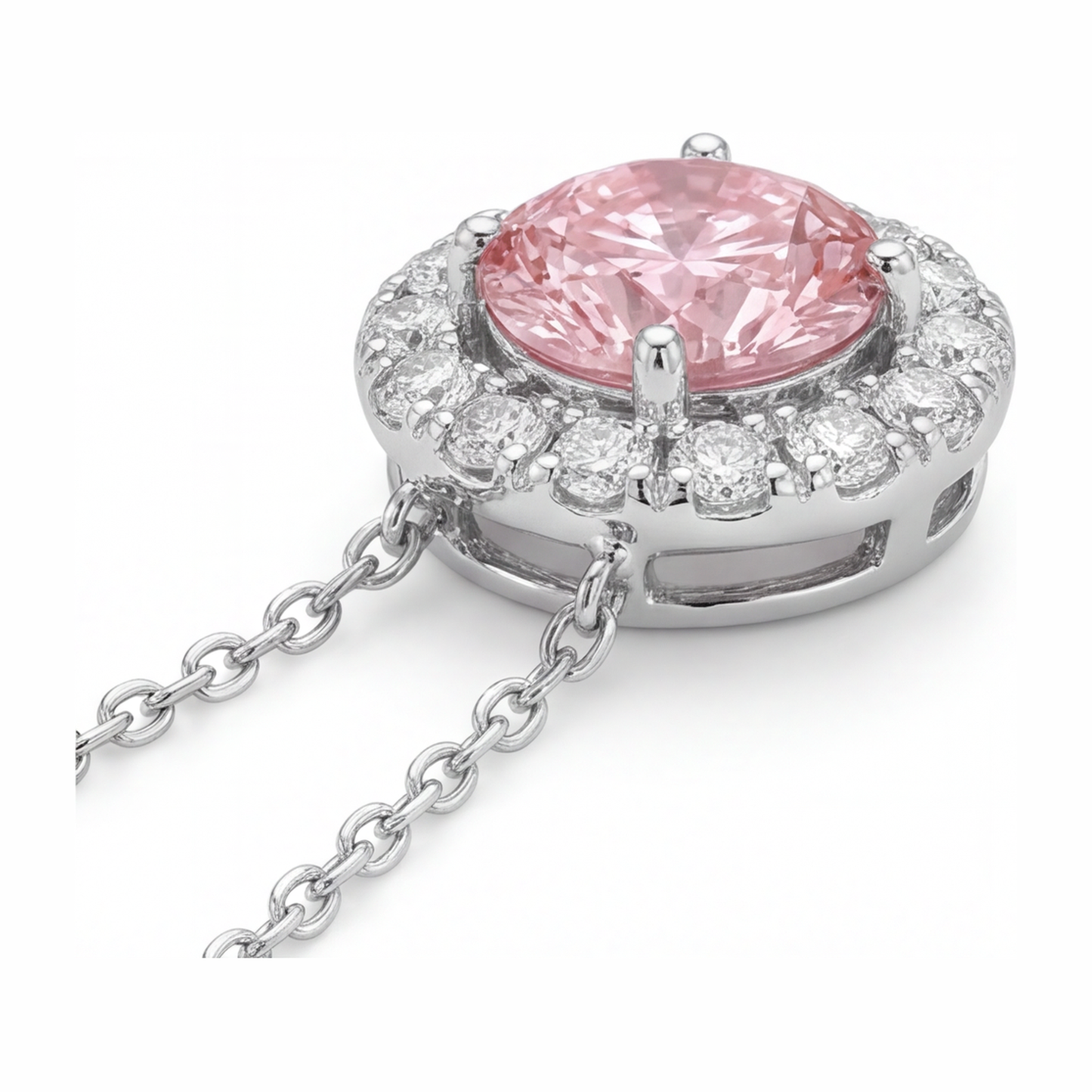 Rosa Diamant-Halskette, 2 Karat, im Labor gezüchtet, runder Halo-Anhänger, 14 Karat Weißgold