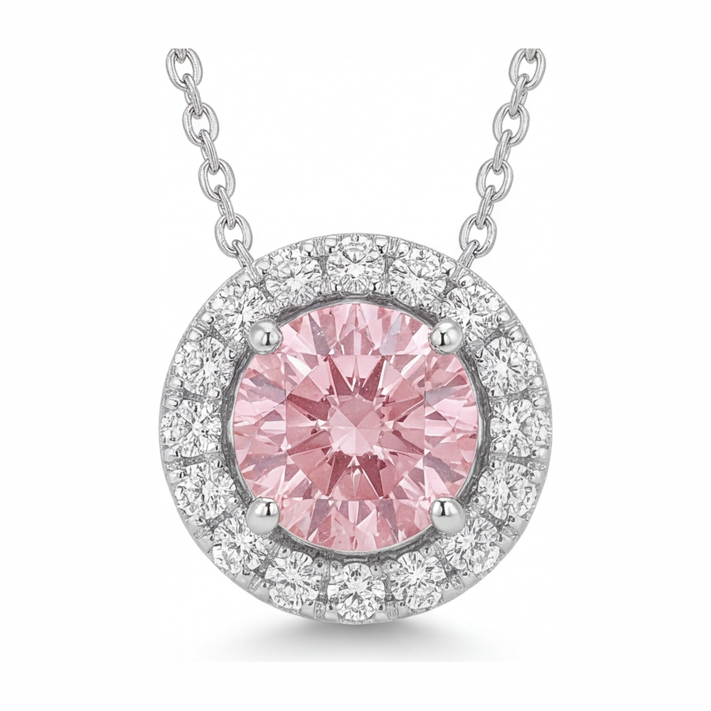 Rosa Diamant-Halskette, 2 Karat, im Labor gezüchtet, runder Halo-Anhänger, 14 Karat Weißgold