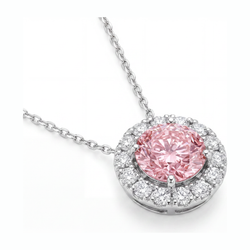 Rosa Diamant-Halskette, 2 Karat, im Labor gezüchtet, runder Halo-Anhänger, 14 Karat Weißgold