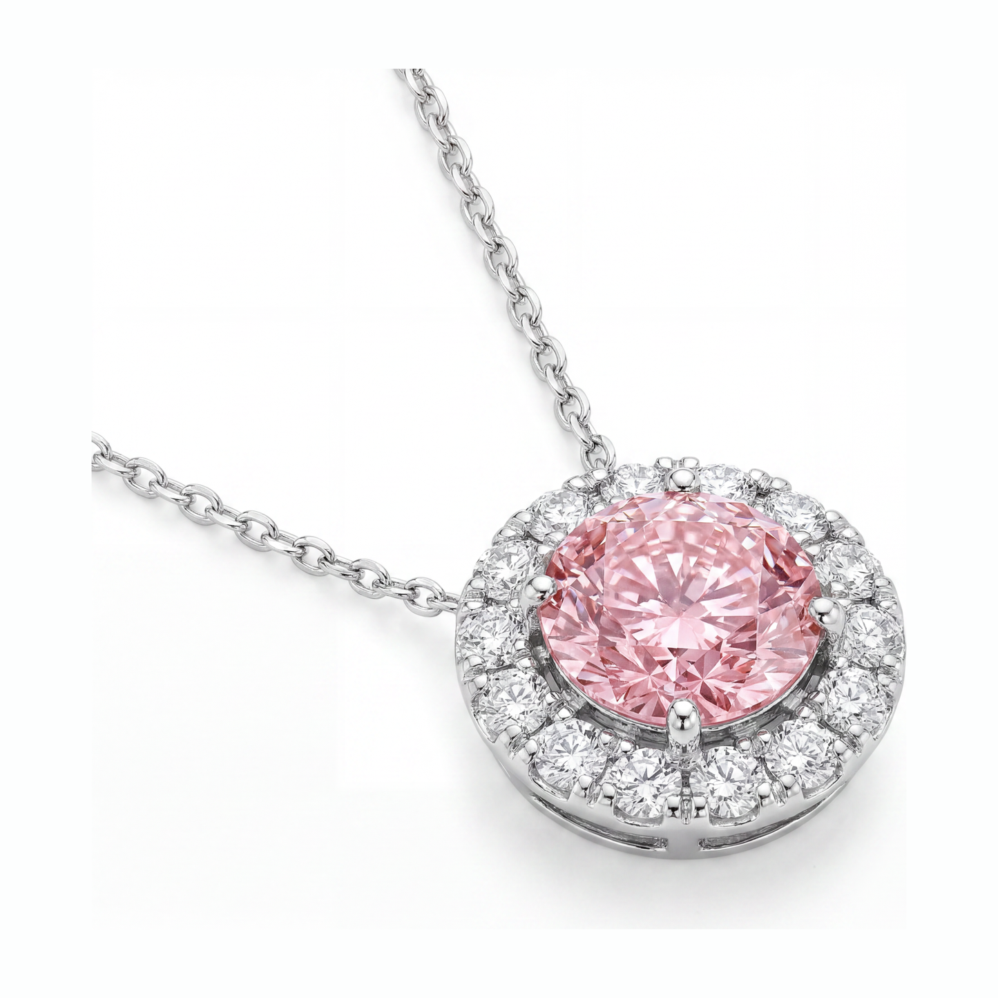 Rosa Diamant-Halskette, 2 Karat, im Labor gezüchtet, runder Halo-Anhänger, 14 Karat Weißgold