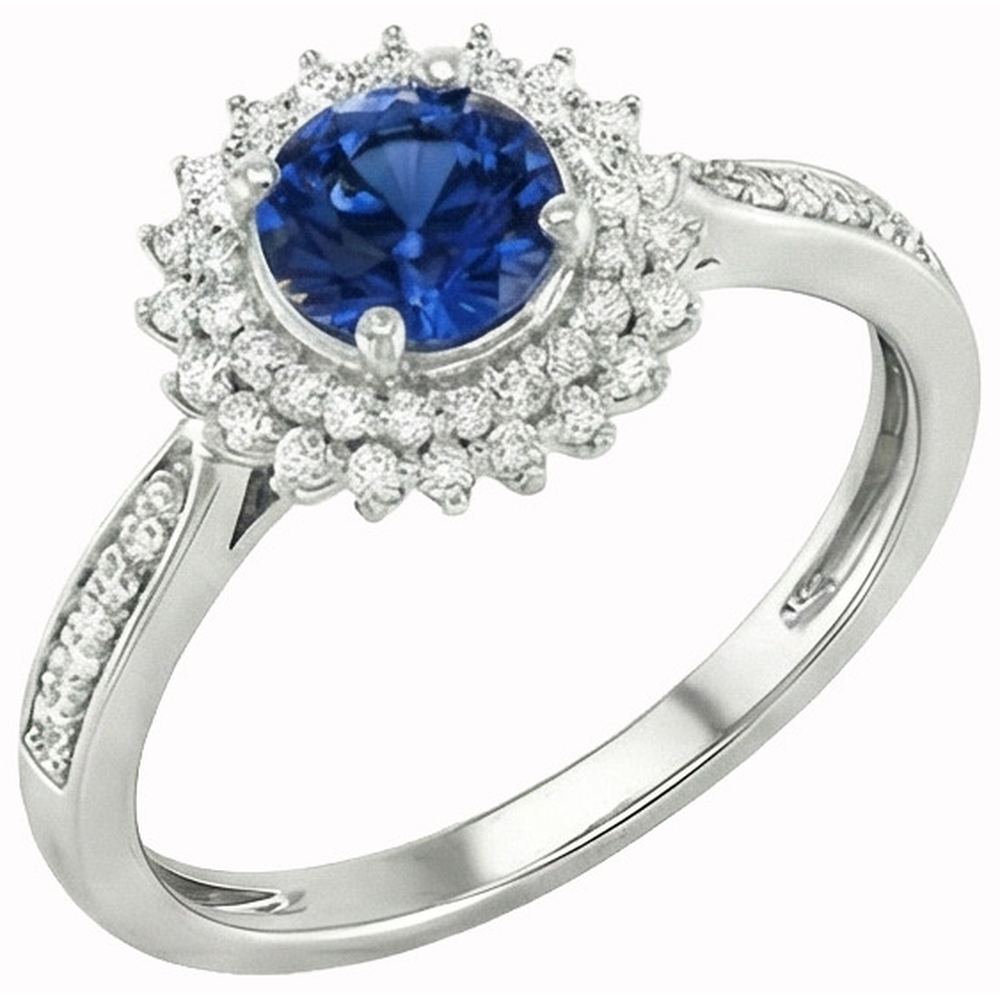 3.10 Kt Runder Ceylon Blauer Saphir & Diamanten Ring WG 14K