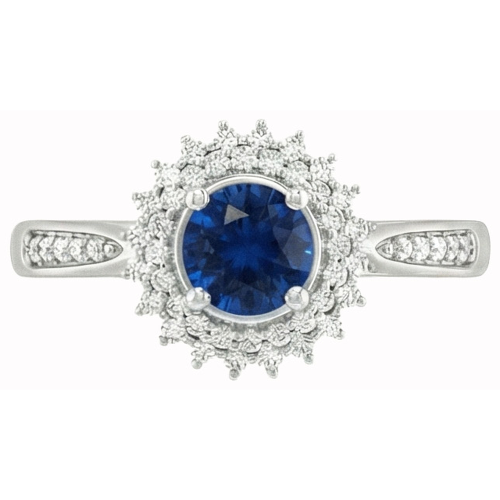 3.10 Kt Runder Ceylon Blauer Saphir & Diamanten Ring WG 14K