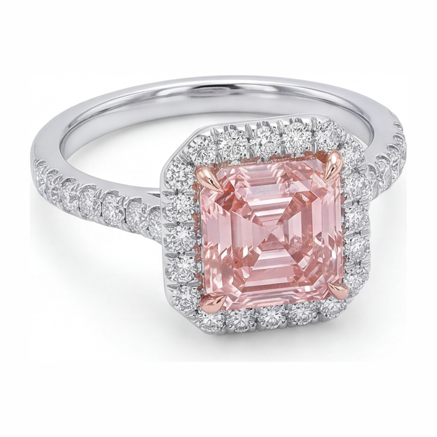 Damen-Verlobungsring mit rosa Diamant 3,25 Karat im Labor gezüchtet Asscher Halo 14 Karat Weißgold