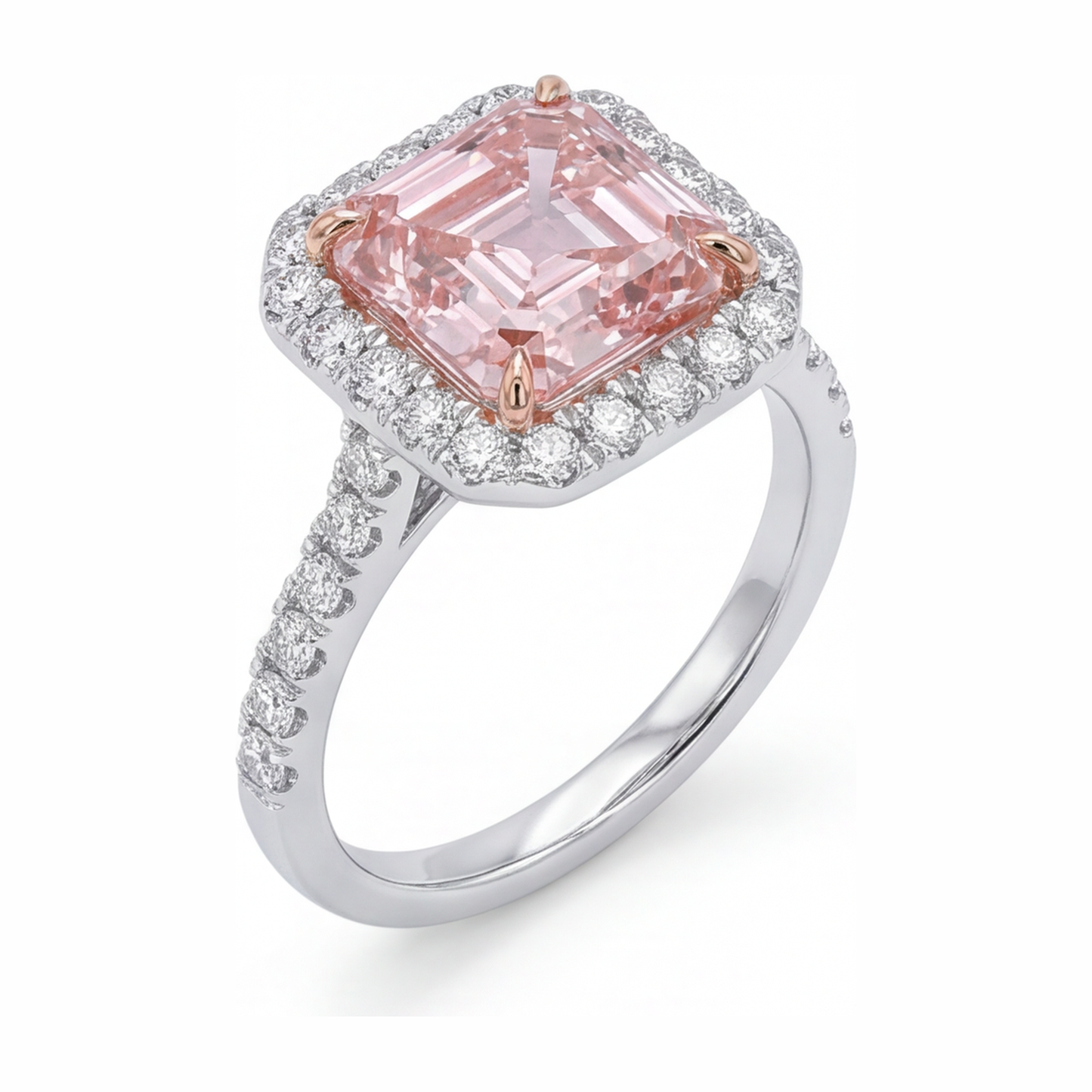 Damen-Verlobungsring mit rosa Diamant 3,25 Karat im Labor gezüchtet Asscher Halo 14 Karat Weißgold