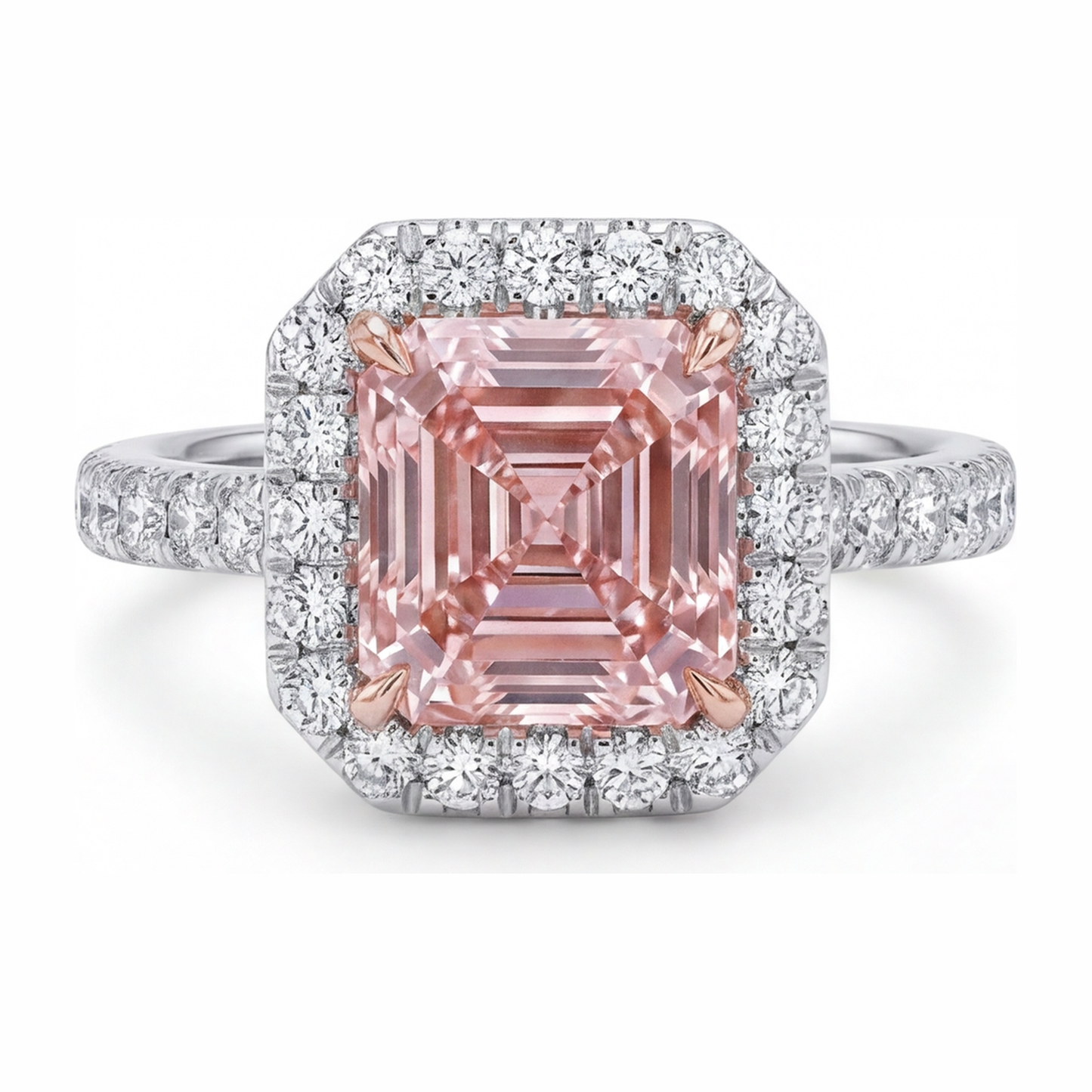 Damen-Verlobungsring mit rosa Diamant 3,25 Karat im Labor gezüchtet Asscher Halo 14 Karat Weißgold