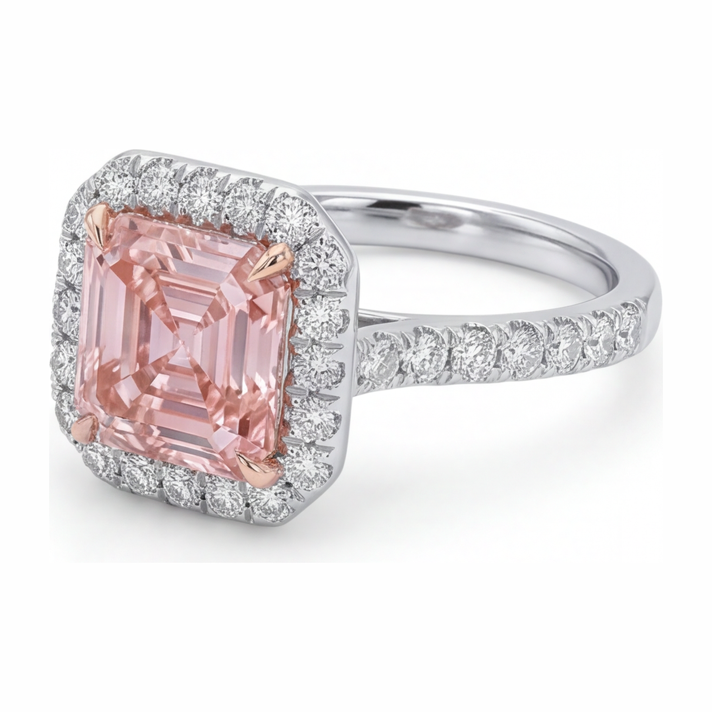 Damen-Verlobungsring mit rosa Diamant 3,25 Karat im Labor gezüchtet Asscher Halo 14 Karat Weißgold
