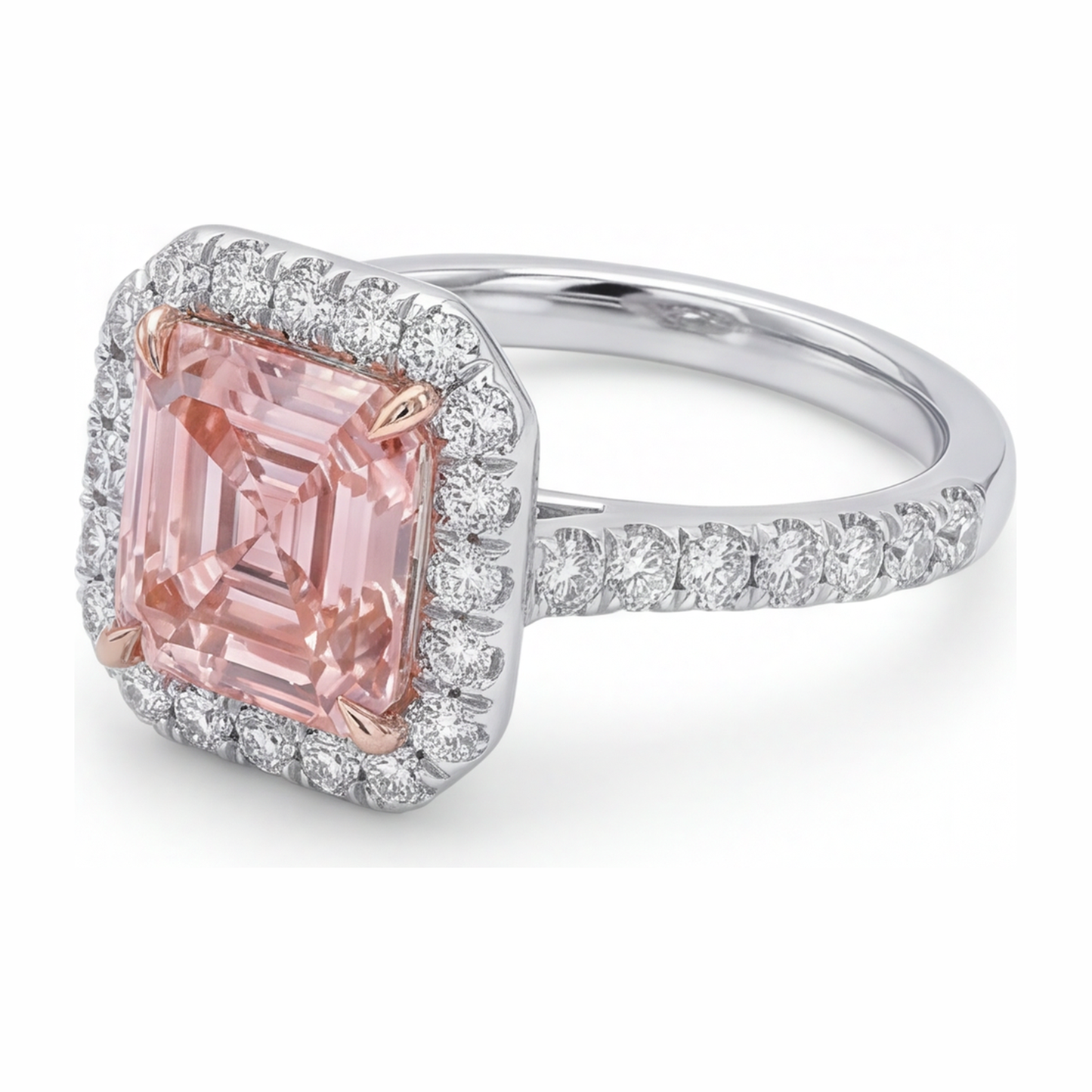 Damen-Verlobungsring mit rosa Diamant 3,25 Karat im Labor gezüchtet Asscher Halo 14 Karat Weißgold