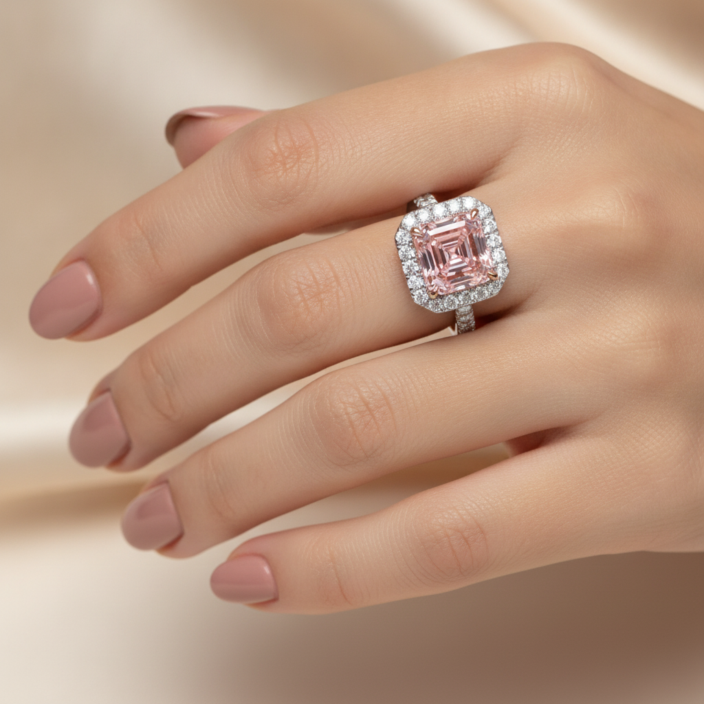 Damen-Verlobungsring mit rosa Diamant 3,25 Karat im Labor gezüchtet Asscher Halo 14 Karat Weißgold