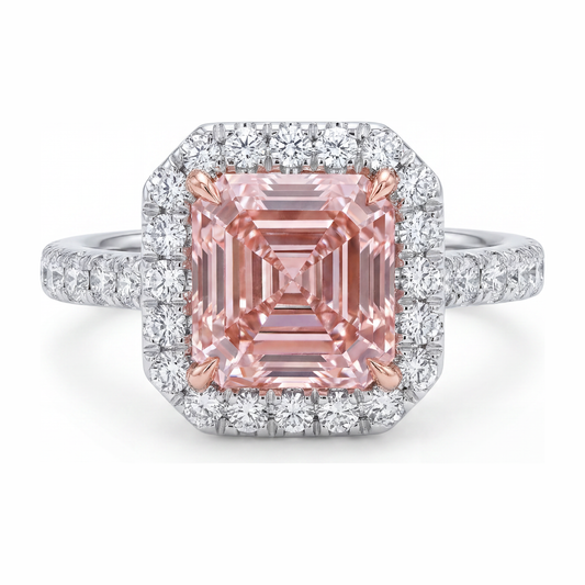 Damen-Verlobungsring mit rosa Diamant 3,25 Karat im Labor gezüchtet Asscher Halo 14 Karat Weißgold