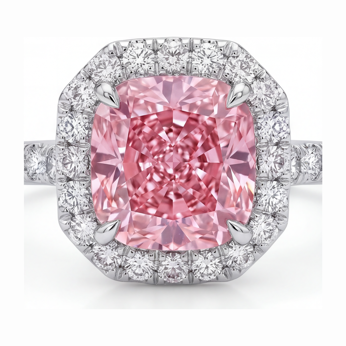 Rosa Diamantring 3,25 Karat im Labor gezüchtet Kissenschliff Halo Pavé 14 Karat Weißgold