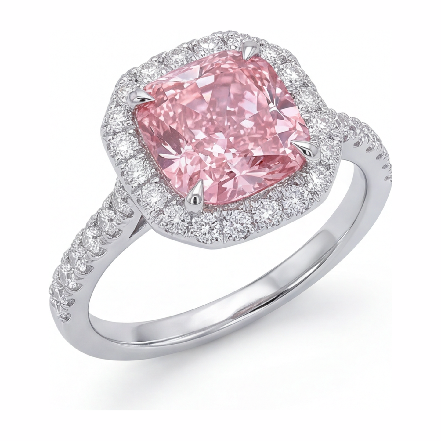Rosa Diamantring 3,25 Karat im Labor gezüchtet Kissenschliff Halo Pavé 14 Karat Weißgold