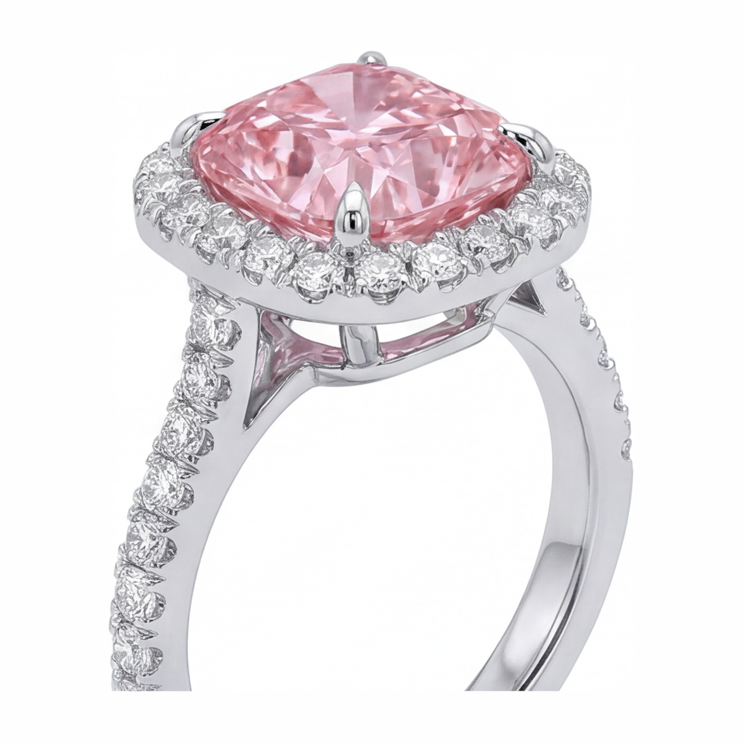 Rosa Diamantring 3,25 Karat im Labor gezüchtet Kissenschliff Halo Pavé 14 Karat Weißgold