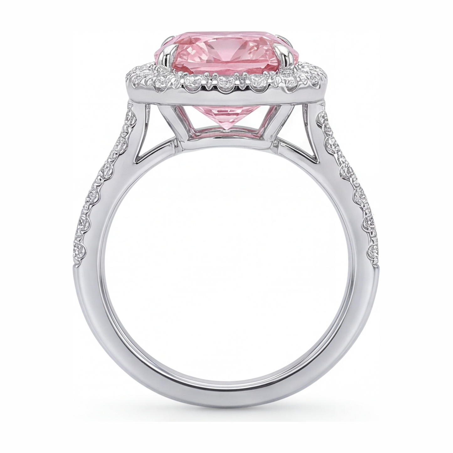 Rosa Diamantring 3,25 Karat im Labor gezüchtet Kissenschliff Halo Pavé 14 Karat Weißgold